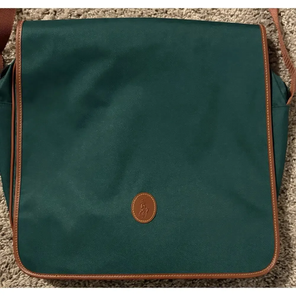 Vintage Ralph Lauren Green Shoulder Messenger Laptop Bag Brown Trim